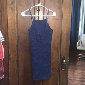 Navy high neck, open back lace dress